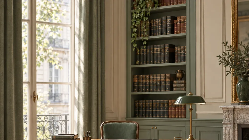 Bureau d'avocat avec une bibliothèque d'ouvrages juridiques, une lampe de bureau et une haute fenêtre