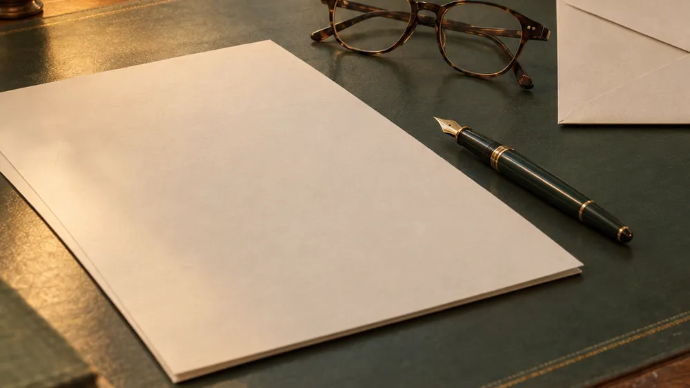 Sous-main vert avec une feuille vierge, un stylo plume, des lunettes et une enveloppe