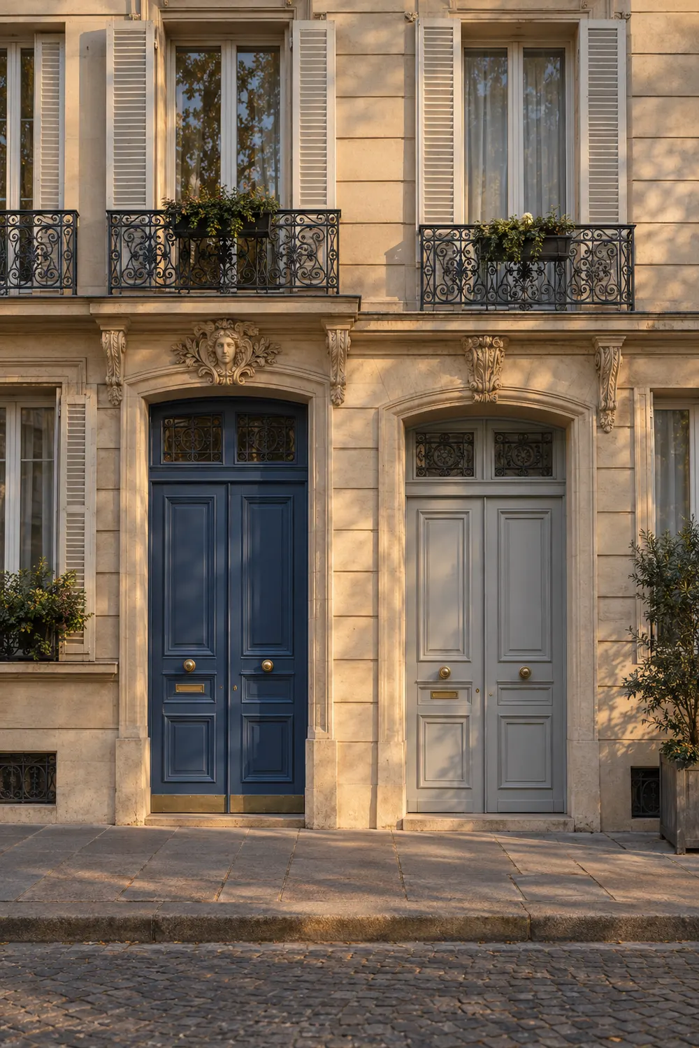 Deux portes d'entrée voisines sur une façade d'immeuble parisien, l'une bleue, l'autre grise