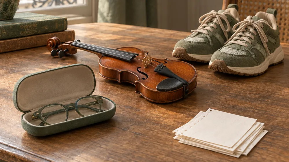 Bureau avec un étui à lunettes d'enfant, un petit violon, des chaussures de sport et une pile de reçus