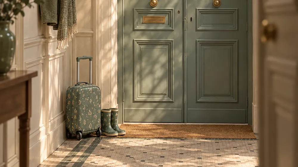 Entrée d'appartement avec une petite valise d'enfant et des bottes de pluie posées près de la porte