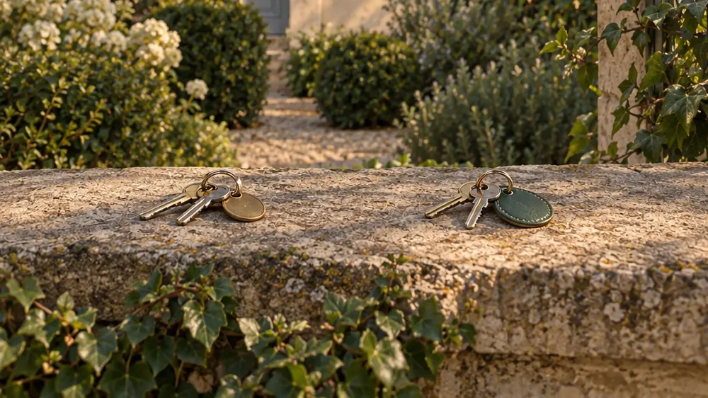 Deux trousseaux de clés posés séparément sur le muret de pierre d'un jardin