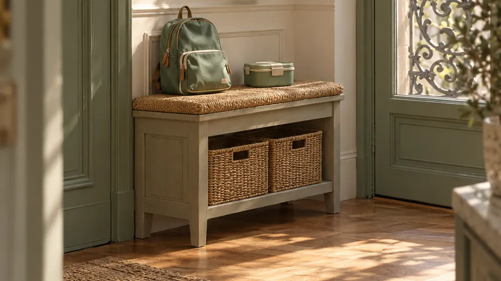 Banc d'entrée avec un cartable d'enfant, une boîte à goûter et un imperméable suspendu