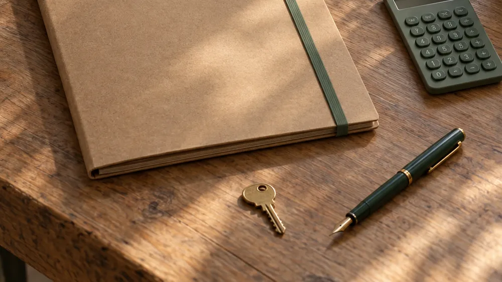 Table de cuisine avec un dossier cartonné fermé, une calculatrice, une clé de maison et un stylo