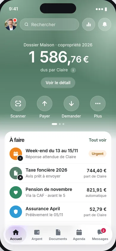 Écran d'accueil d'Accorelio : solde du dossier et liste des choses à faire