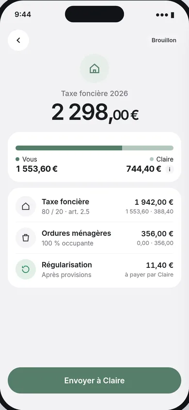 Avis de répartition de la taxe foncière : 2 298 € partagés entre les deux parents