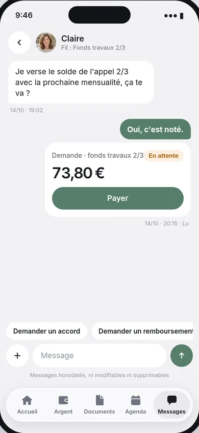 Fil de messages horodatés rattachés à un avis de répartition