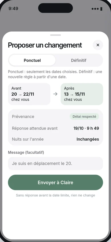 Volet « Proposer un changement » : échange ponctuel de week-end, délai de prévenance respecté, date limite de réponse