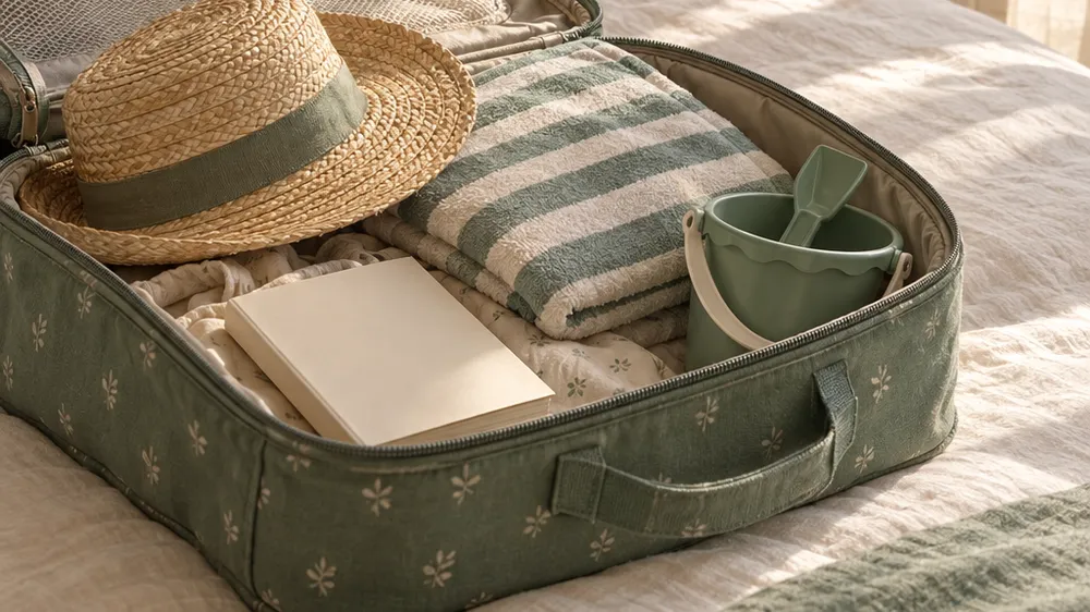 Sac de voyage d'enfant ouvert sur un lit avec un chapeau de paille, une serviette rayée et un seau de plage